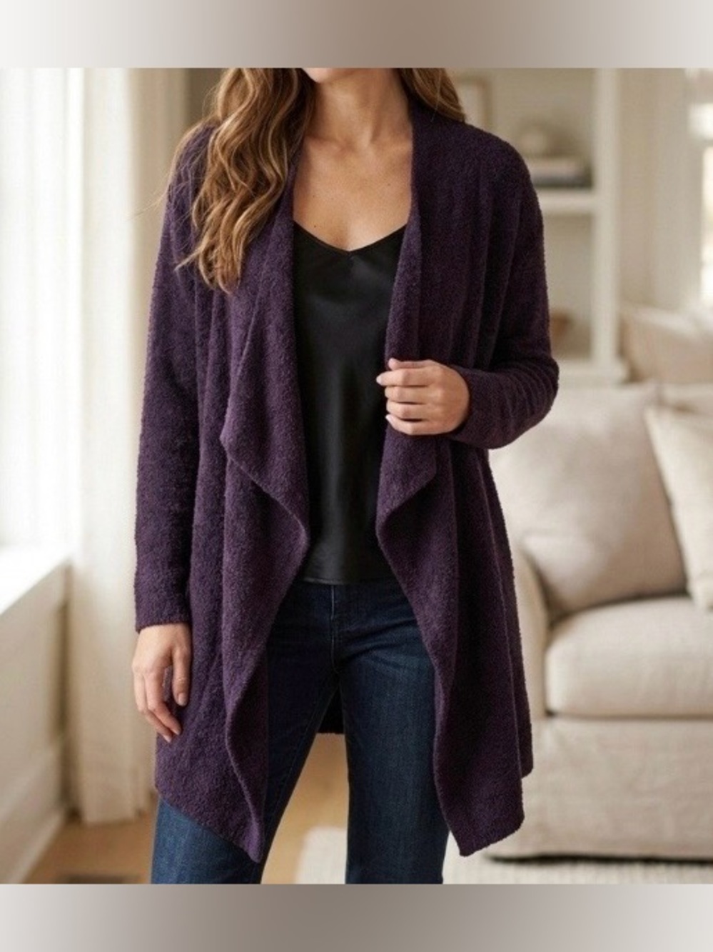 Barefoot Dreams Calypso Open-Front Cardigan in Deep Plum